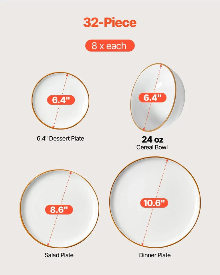 Dinnerware Set Service for 8 (32 PCS) round Plates and Bowls Sets Scratch Resist