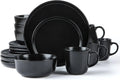 Round Stoneware 16pc Dinnerware Set of 4, Plates, Bowls, Mugs,Matte Black