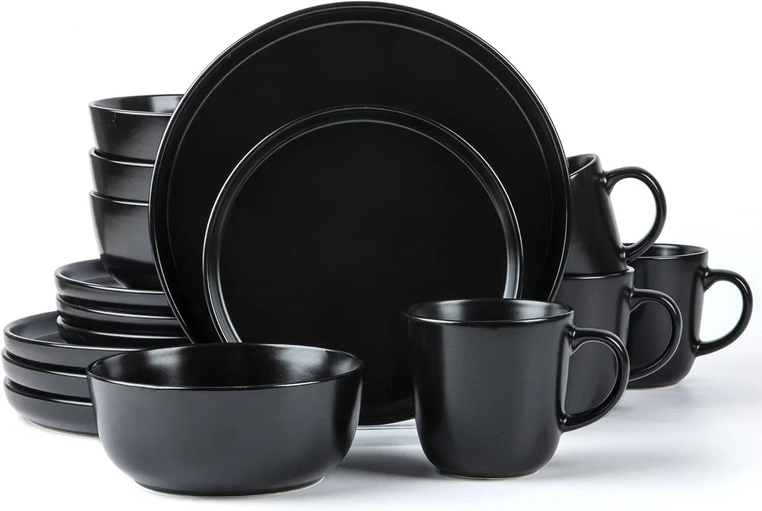 Round Stoneware 16pc Dinnerware Set of 4, Plates, Bowls, Mugs,Matte Black